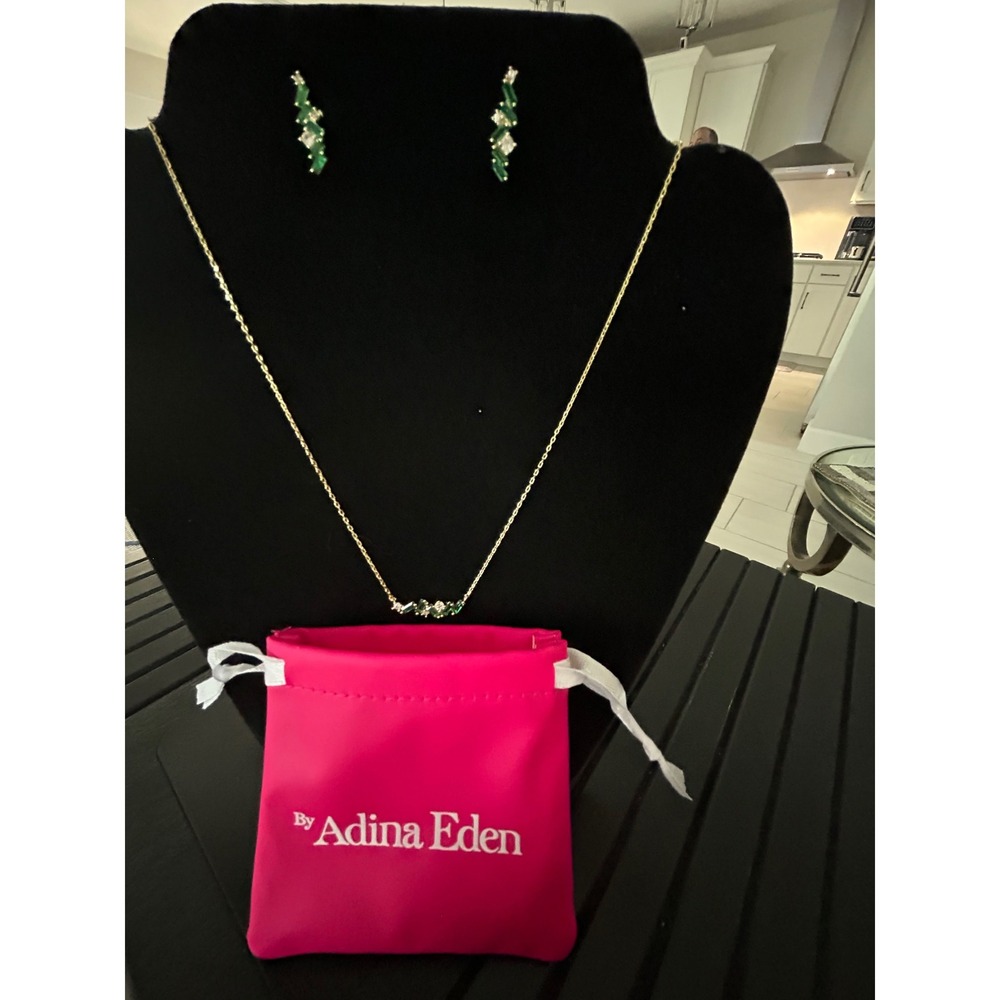 Adina Eden Green Emerald Clear Baguette Jewelry Set‎ Necklace Earrings Gold Tone
